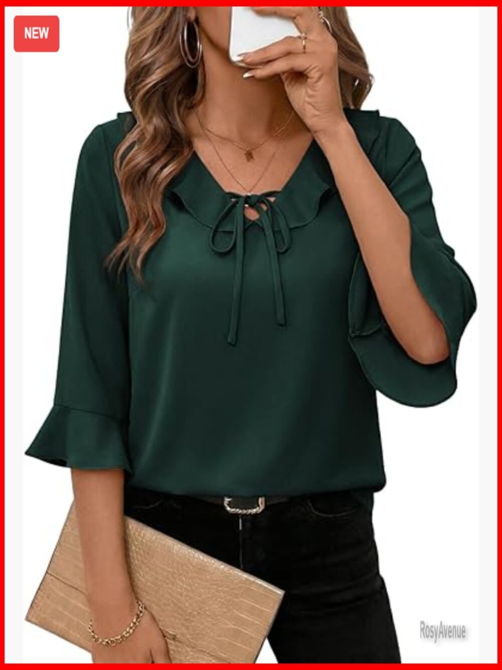 Tie Front Ruffle V Neck 3/4 Sleeve Blouse Business Office Top